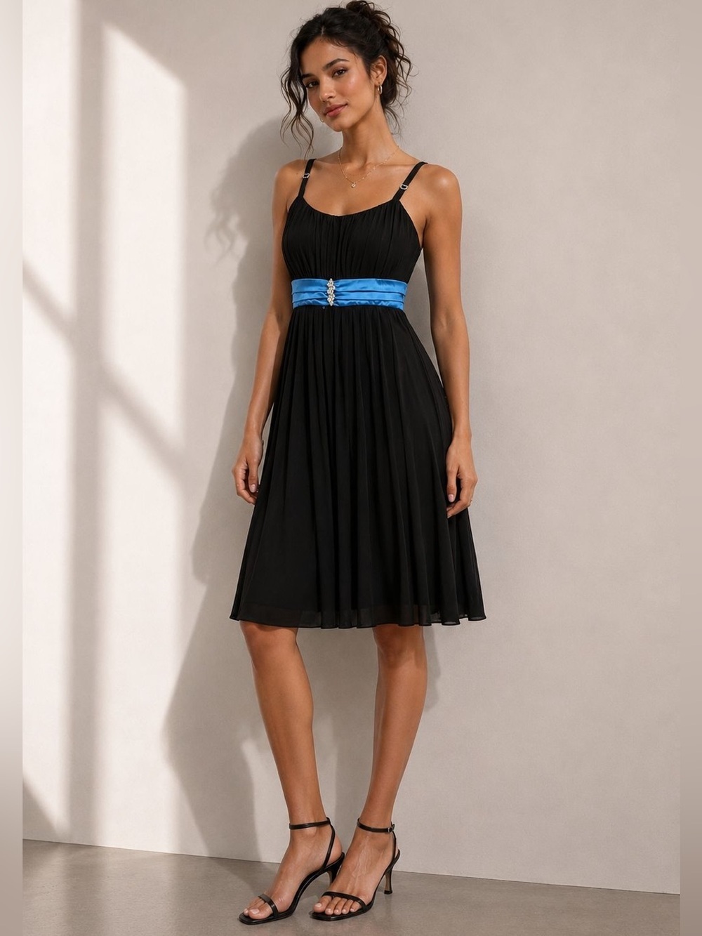 Deb Black Pleated Dress with Turquoise Satin Waist Tie – Size 1X
